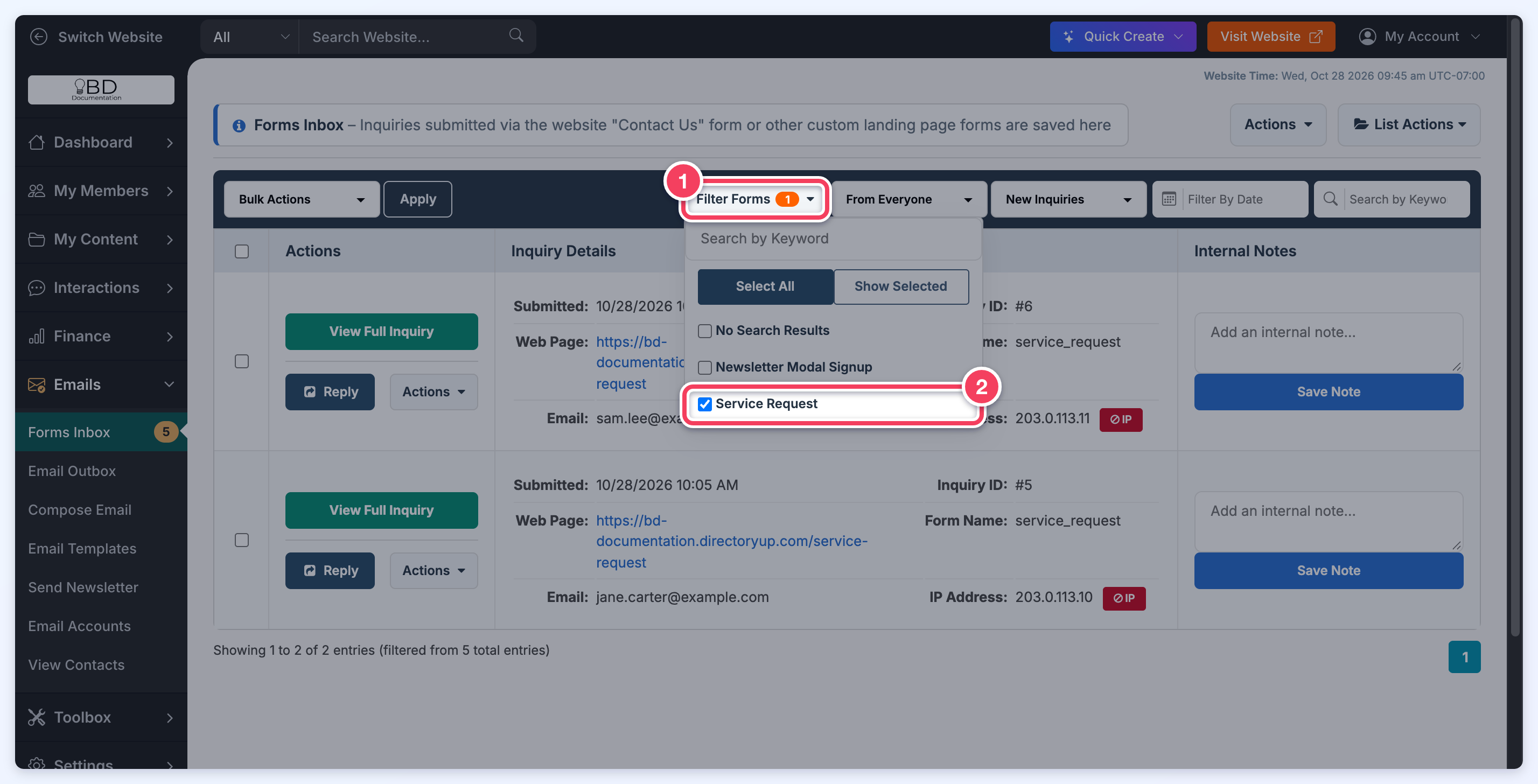 The Forms Inbox with Filter Forms opened and one form, Service Request, ticked.