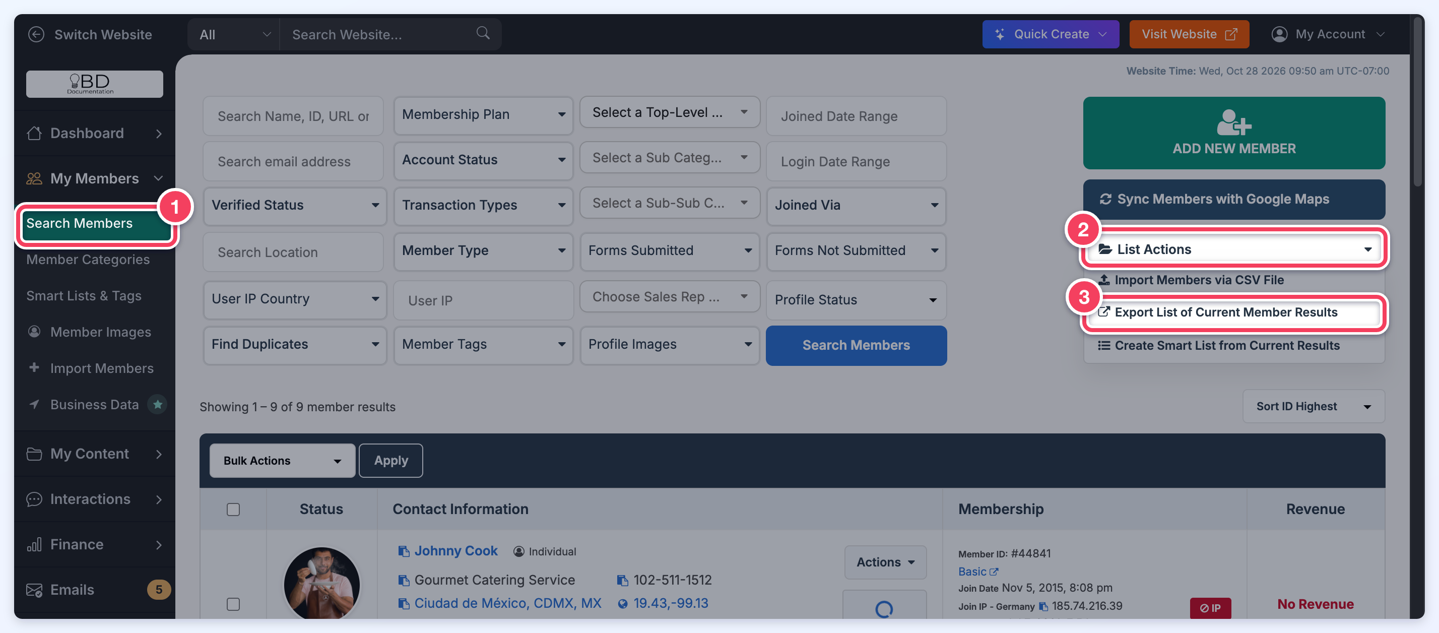 The Search Members page with Search Members marked in the sidebar, List Actions opened and Export List of Current Member Results marked.