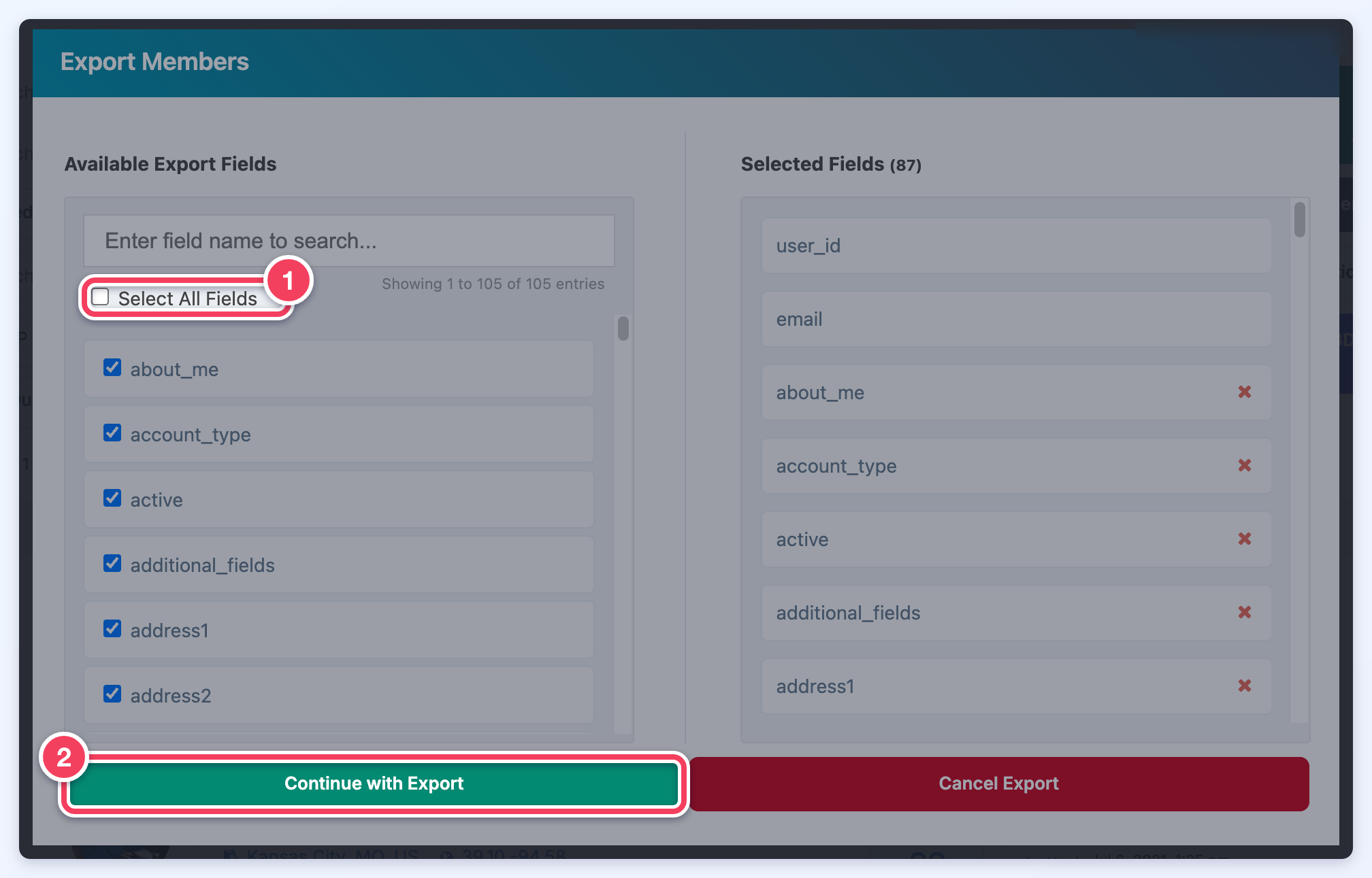 The Export Members window with the Select All Fields checkbox and the Continue with Export button marked.