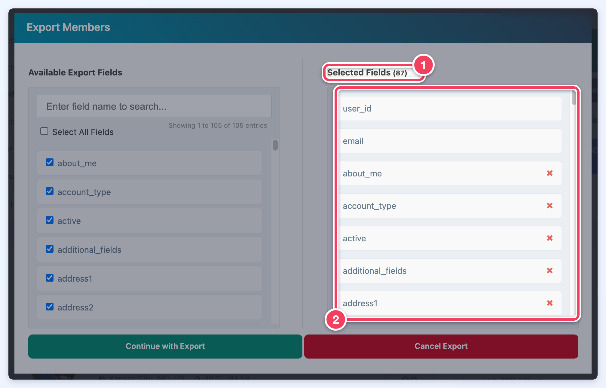 The Export Members window with the Selected Fields heading, showing the number of selected fields, and the list of selected fields marked.