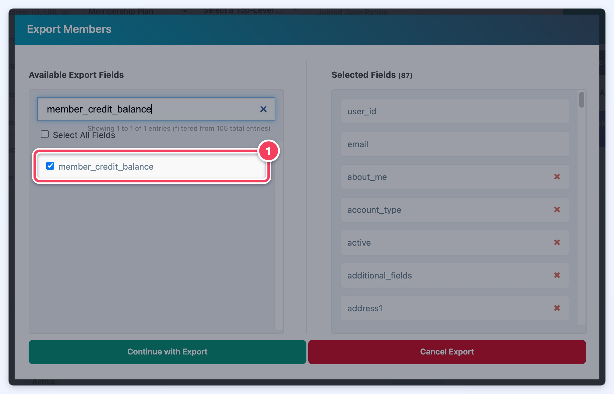 The Export Members window with member_credit_balance typed into the field search and the ticked member_credit_balance field marked.
