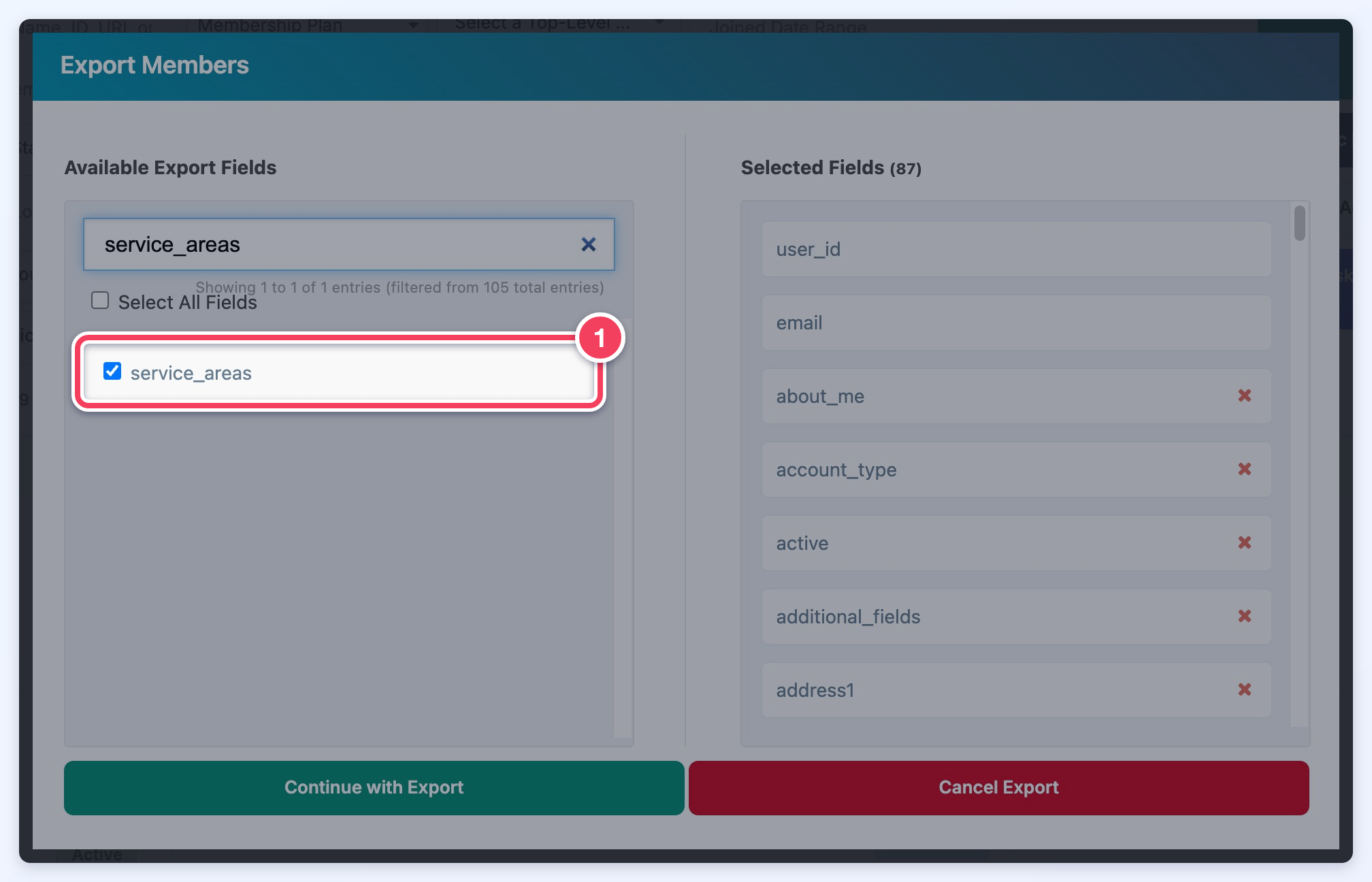 The Export Members window with service_areas typed into the field search and the ticked service_areas field marked.