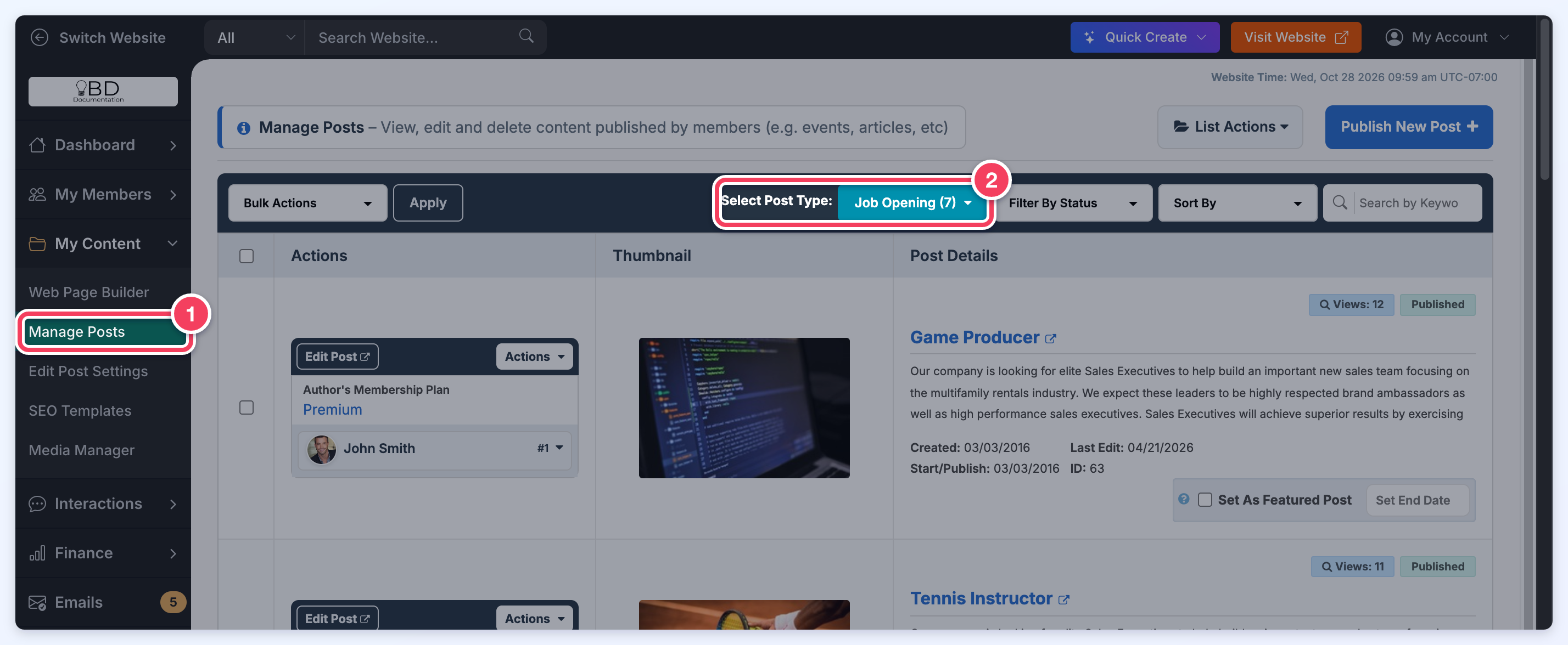 The Manage Posts page with Manage Posts marked in the My Content menu and the Select Post Type filter marked.