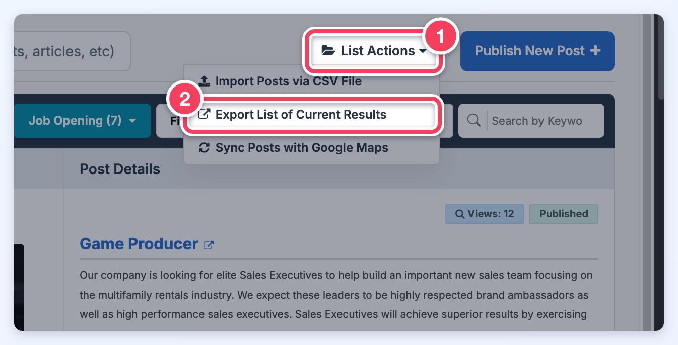 Manage Posts with List Actions opened and Export List of Current Results marked.