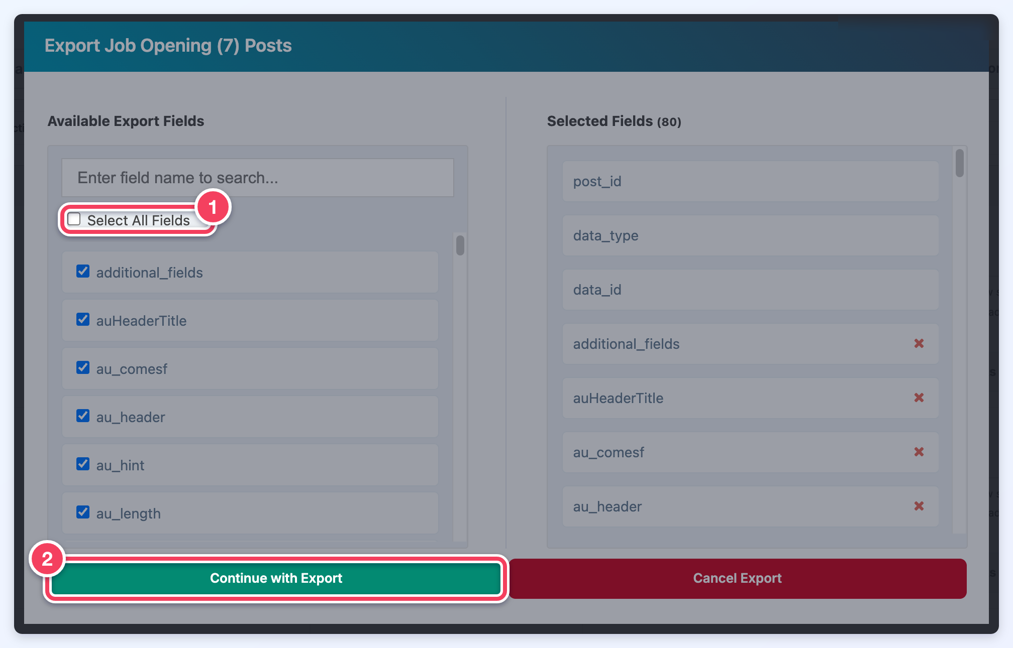 The Export Job Opening Posts window with the Select All Fields checkbox and the Continue with Export button marked.