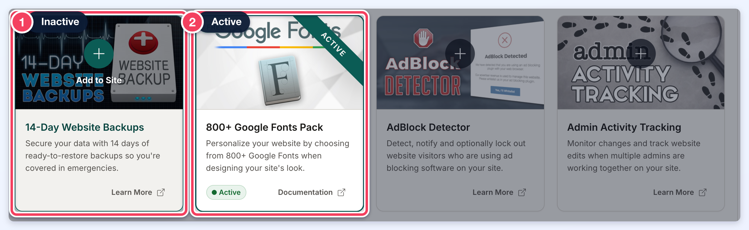 Two add-on cards side by side: an inactive card showing Add to Site on its picture and a Learn More link, and an active card with a green outline, an Active ribbon and a Documentation link.