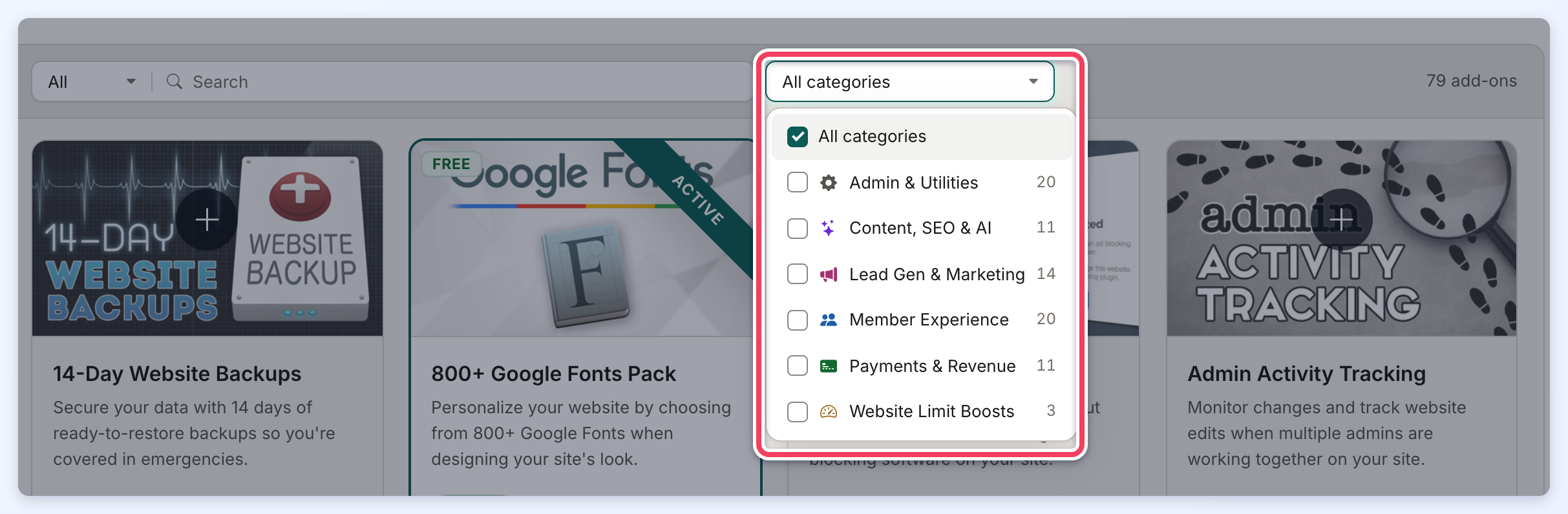 The category filter opened on the Manage Add-Ons page, listing All categories and six categories with checkboxes and the number of add-ons in each.