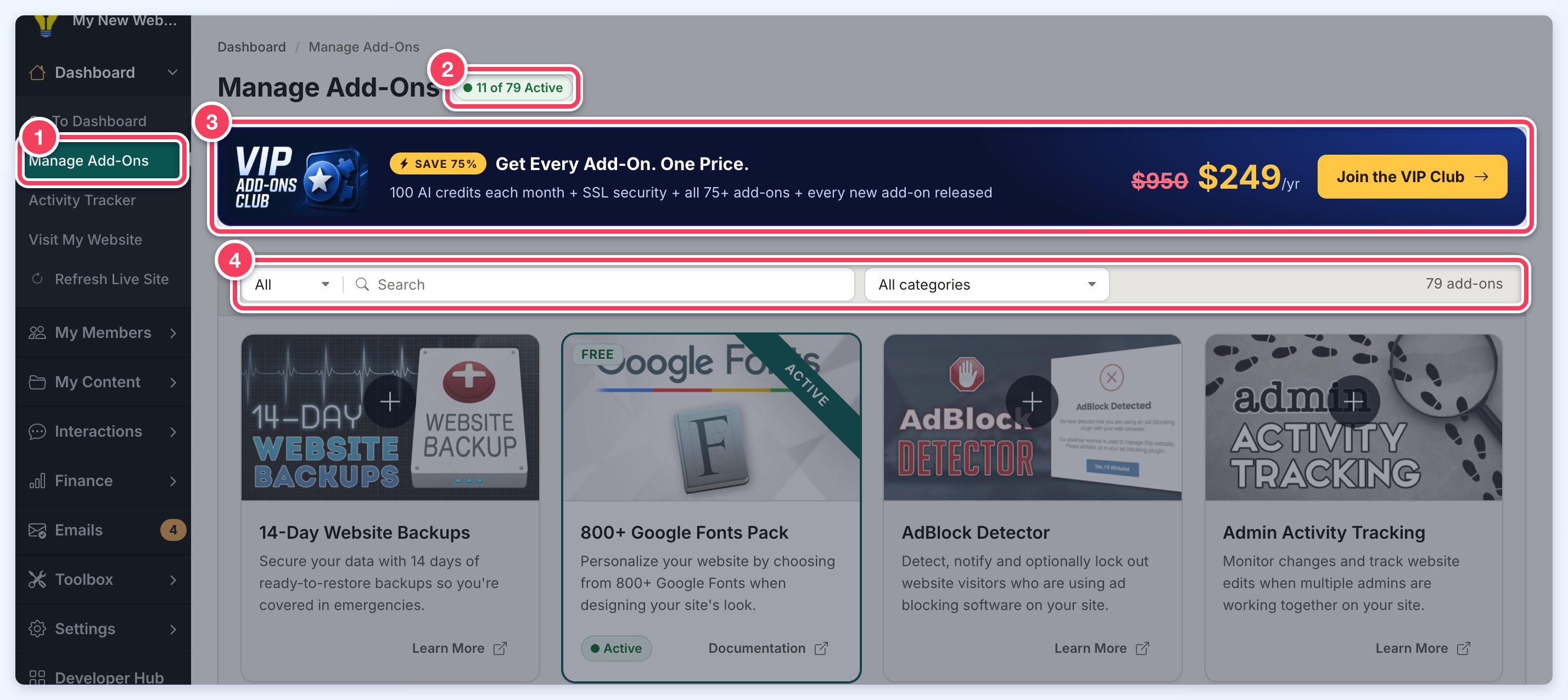 The Manage Add-Ons page with numbered boxes on the Dashboard menu item, the 11 of 79 Active count, the VIP Add-Ons Club banner and the filter bar.
