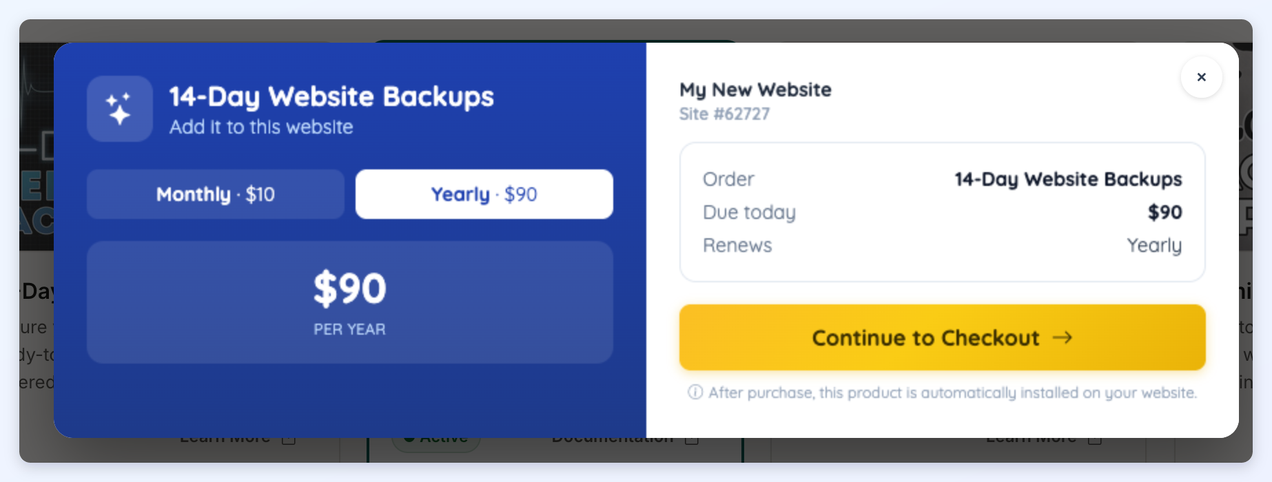 The purchase window for the 14-Day Website Backups add-on, with Monthly and Yearly options, the amount due and the Continue to Checkout button.