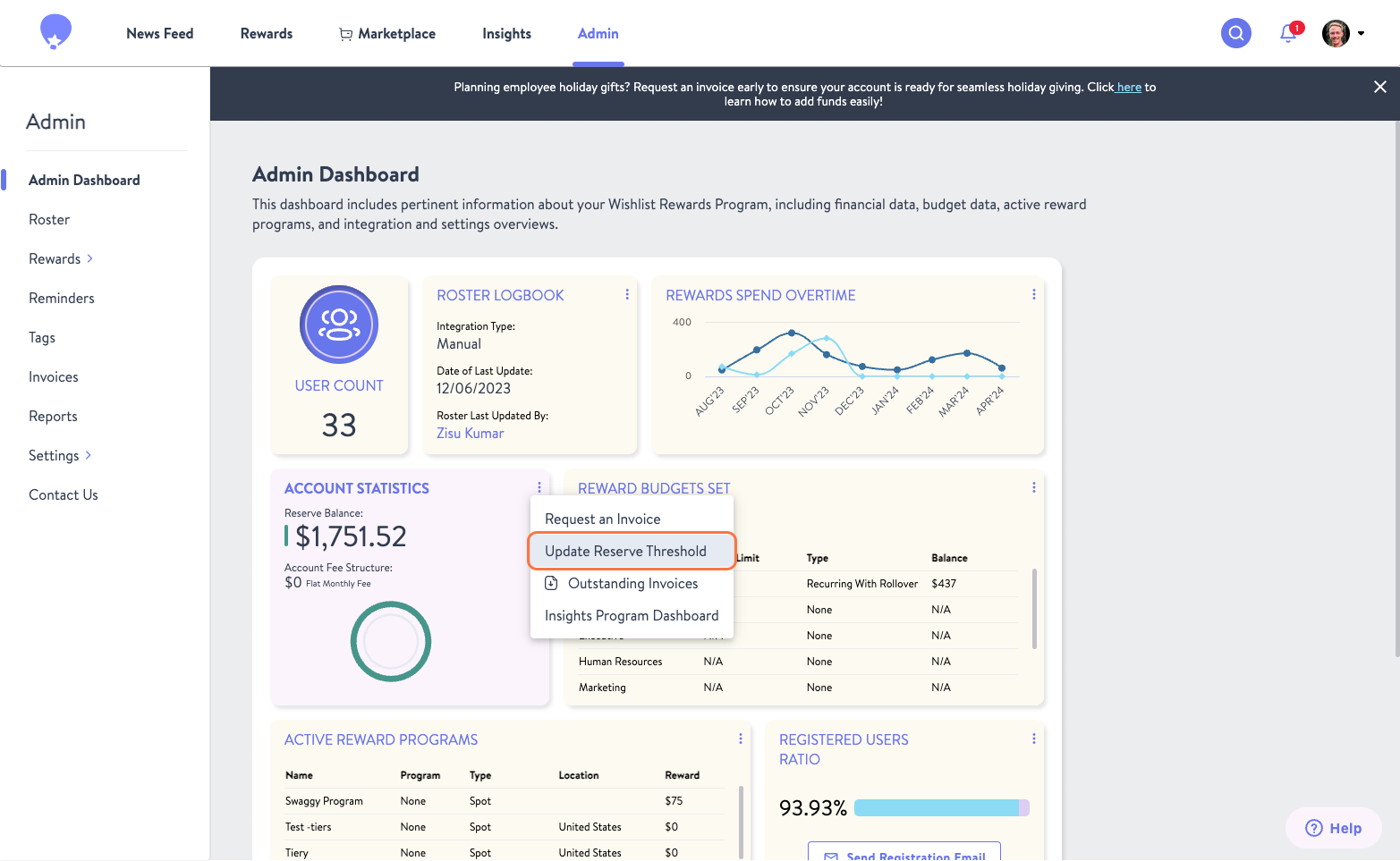 Click on Update Reserve Threshold
