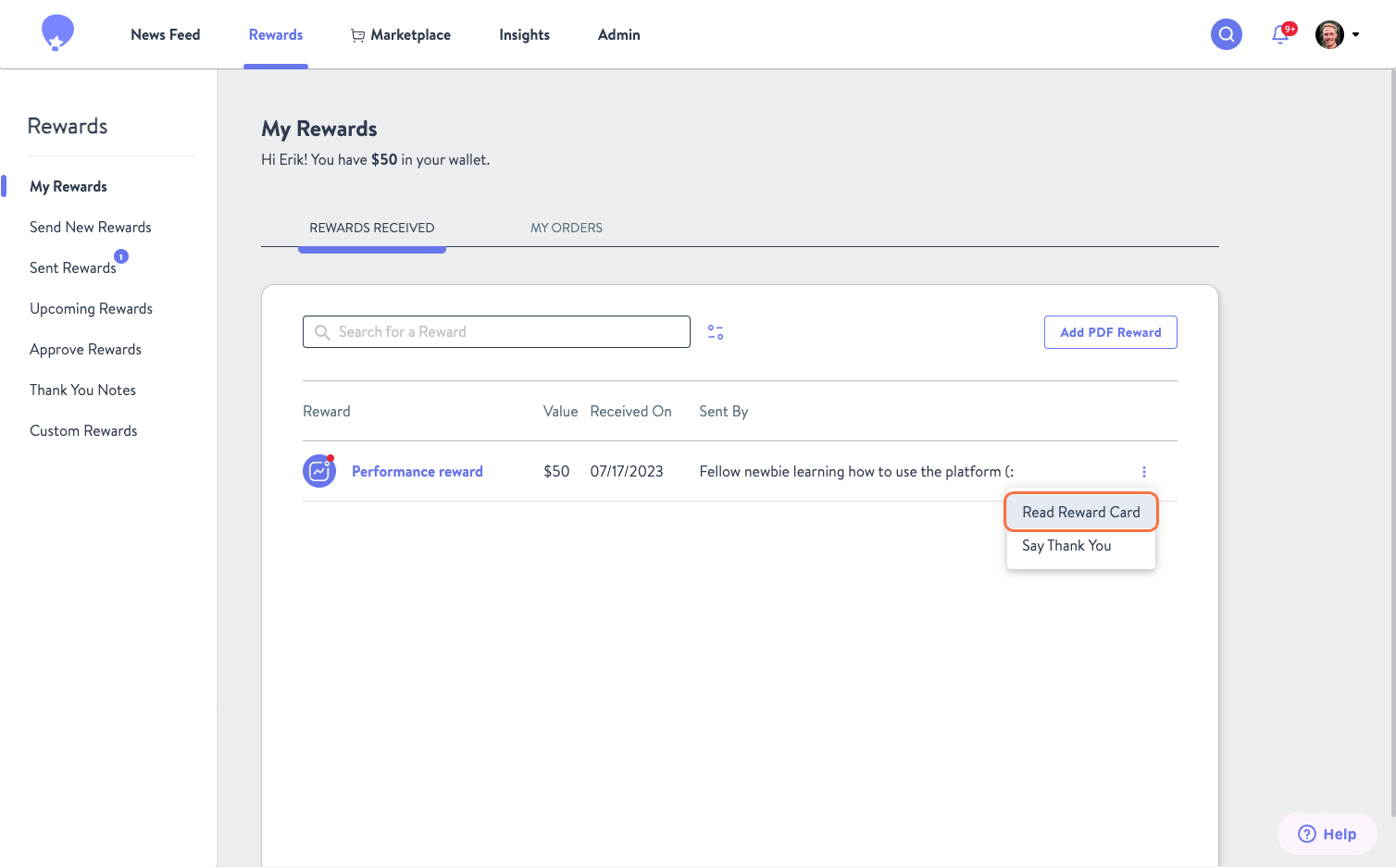 Click on Read Reward Card