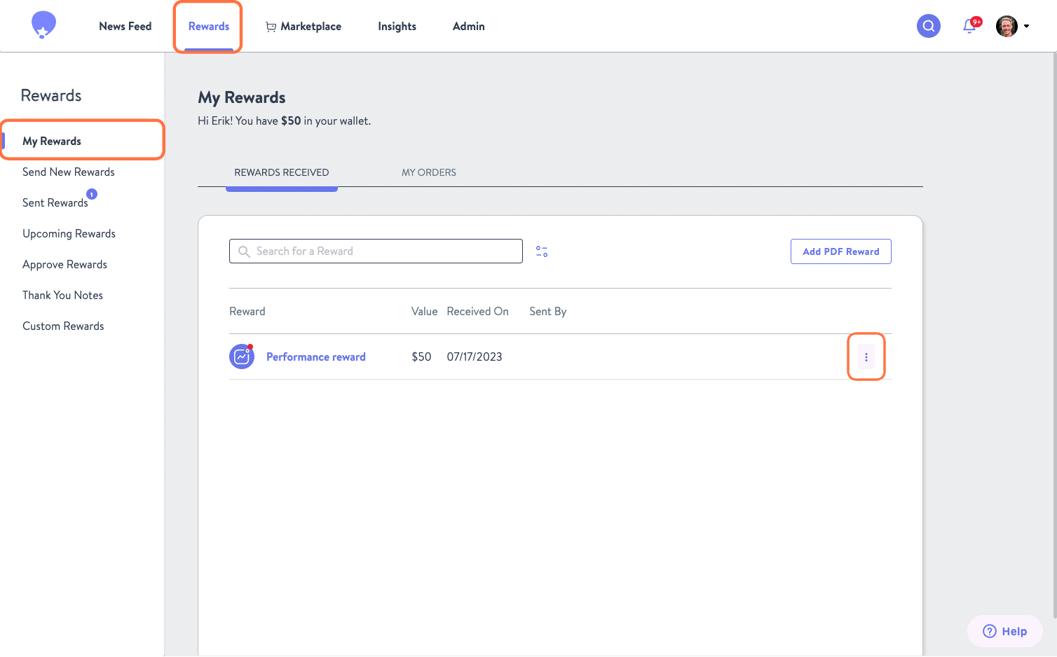 From My Rewards click the Kebab Menu of the Reward you want to Say Thank You to