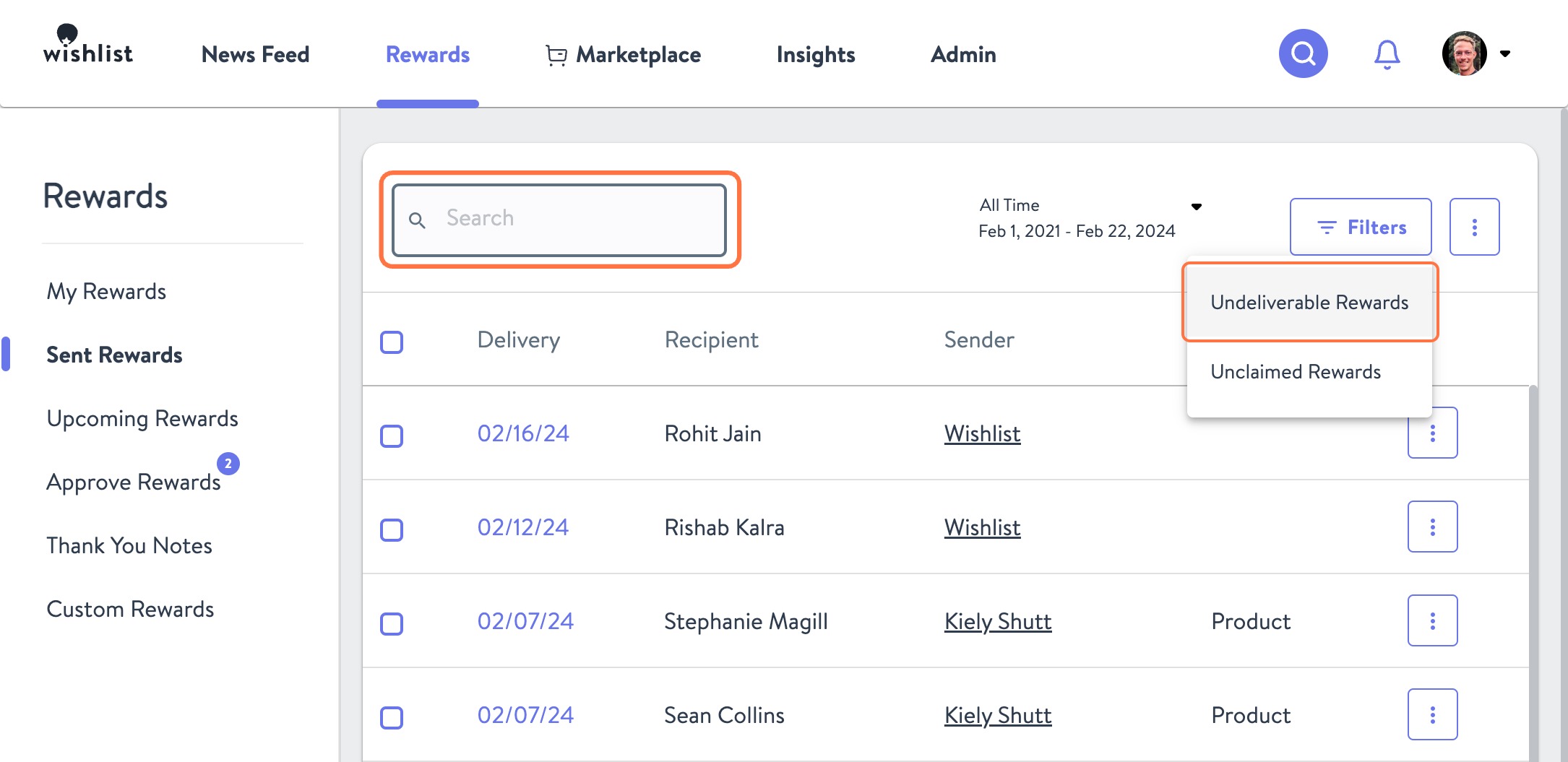 Click on Undeliverable Rewards