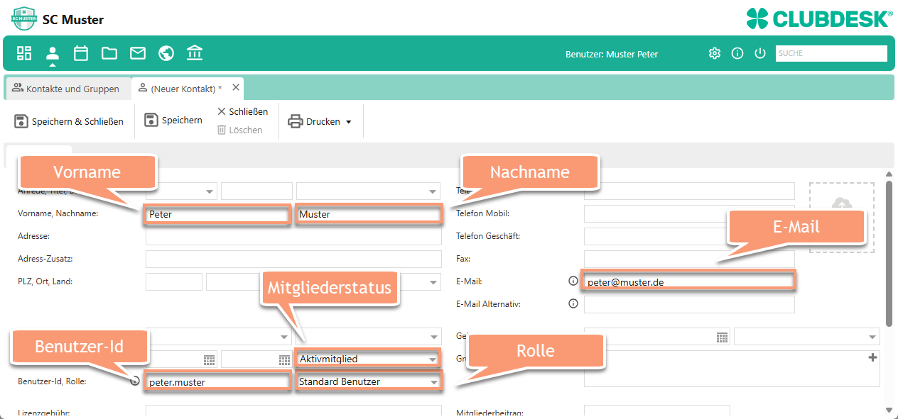 ClubDesk Screenshot: Kontaktformular mit Pflichtfeldern wie Name, Benutzer-ID, Rolle und E-Mail, die für den Mitglieder-Login erforderlich sind.