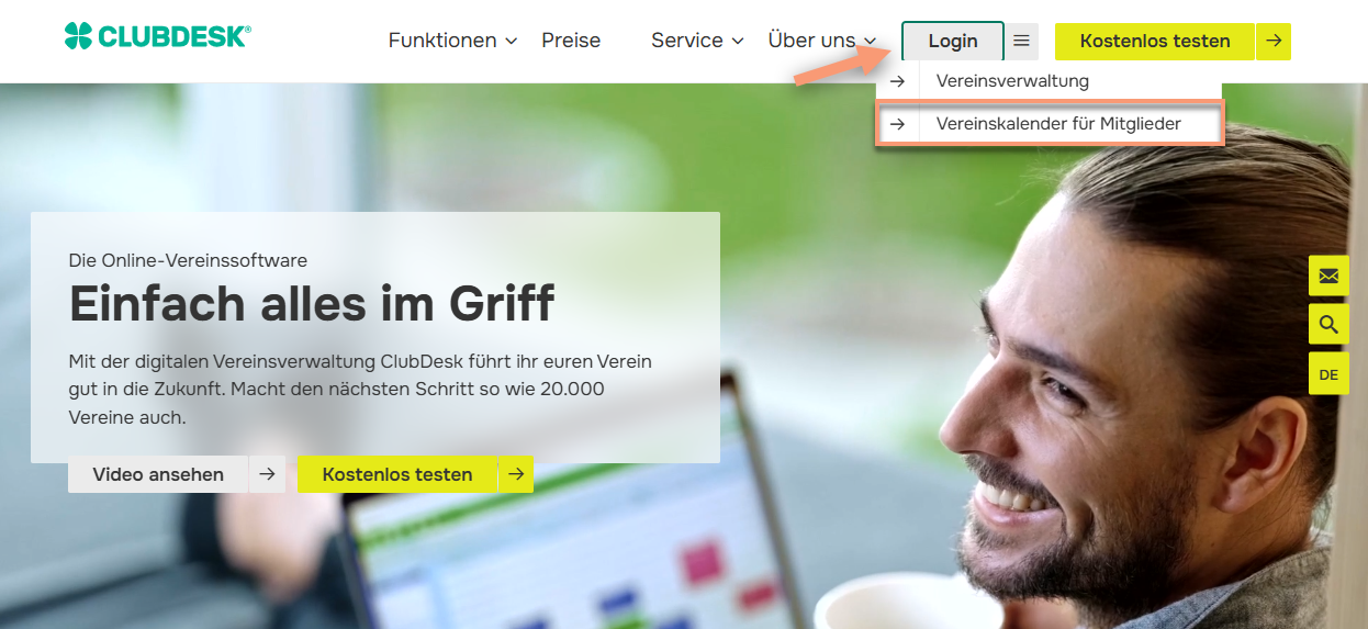 Login für Vereinskalender auf ClubDesk Seite