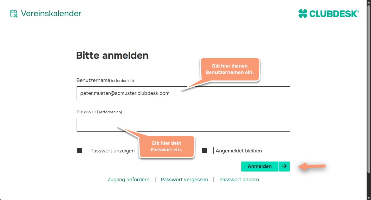 Benutzername und festgelegtes Passwort eingeben