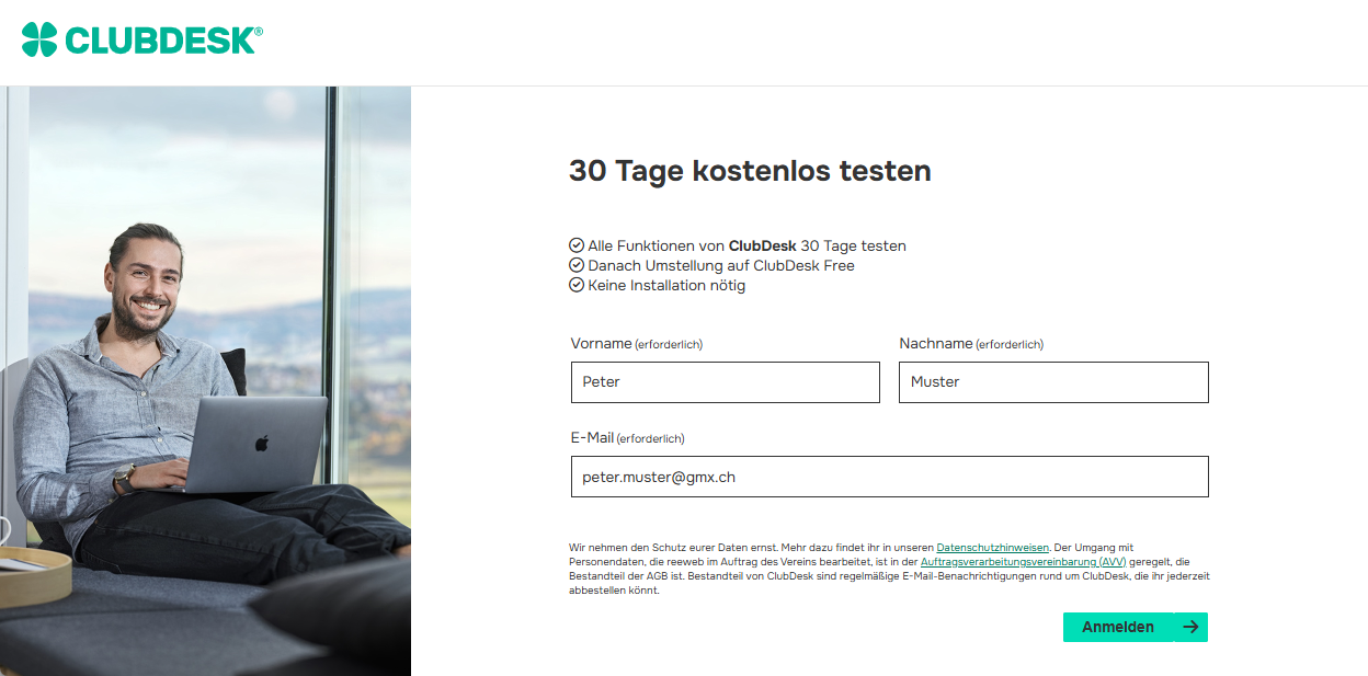 Anmeldedaten eingeben um kostenlos zu testen
