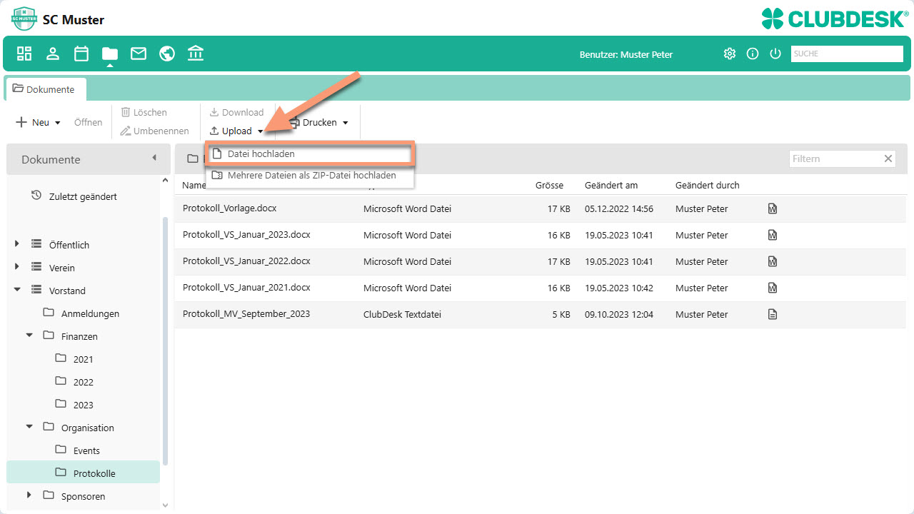 Datei hochladen im Modul Dokumente