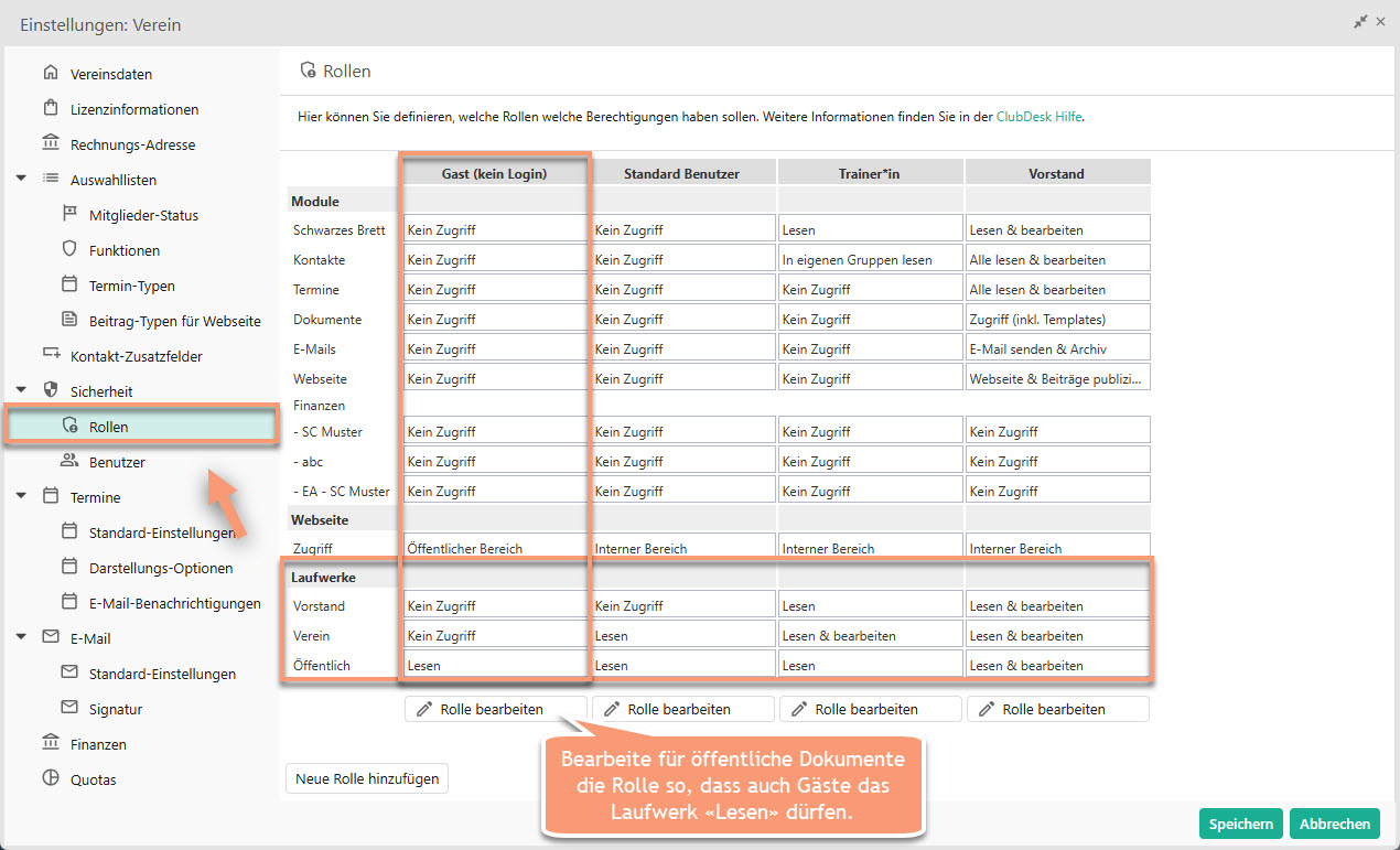 Übersicht Rollen und Berechtigungen
