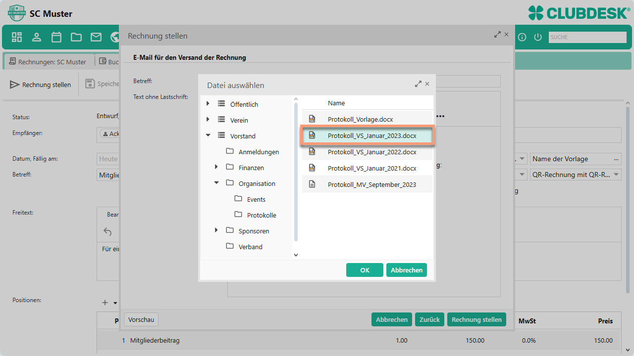 Dateiauswahl in ClubDesk
