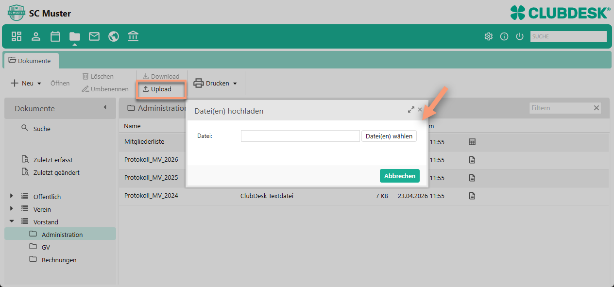 Datei hochladen im Modul Dokumente