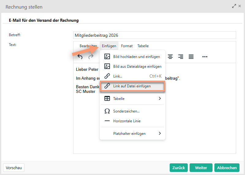 Link auf Datei im E-Mailtext einfügen