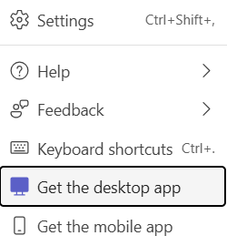 Screen shot of the Microsoft Teams interface in a browser with a box indicating the location of 'Get the desktop app' in the 3 dot menu