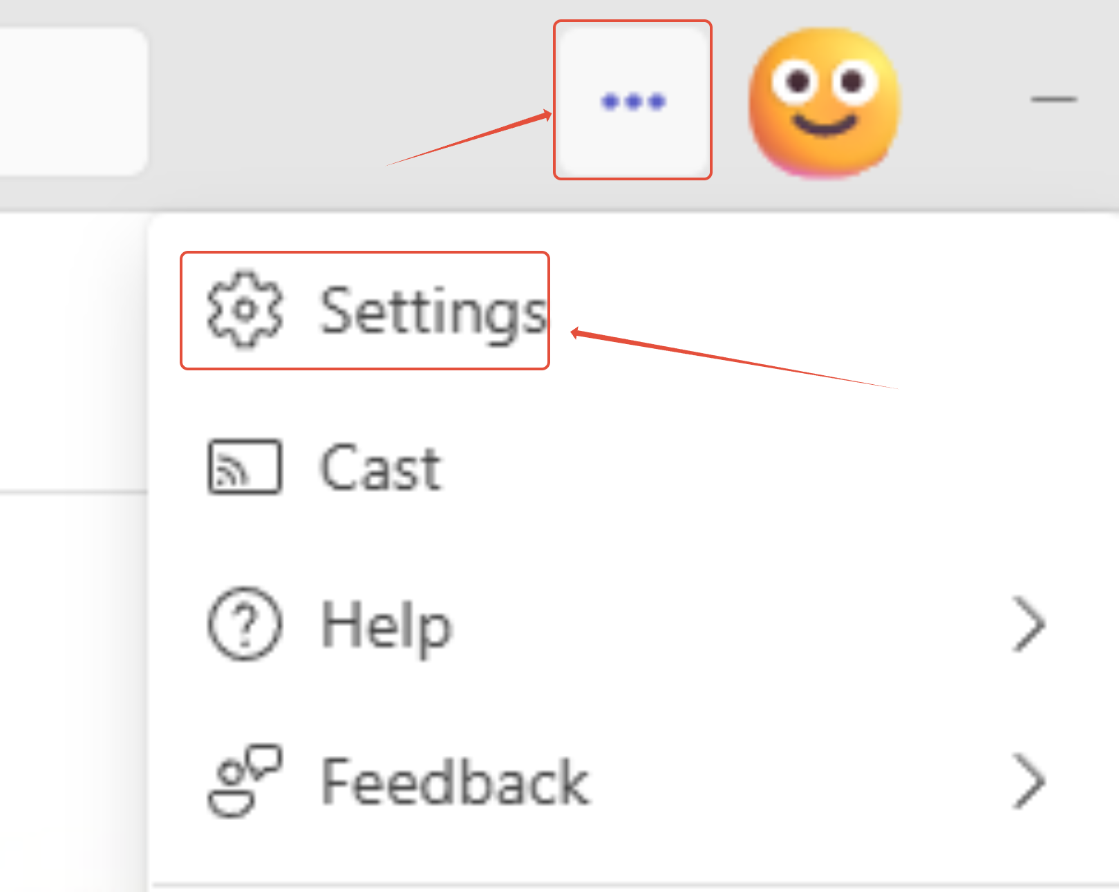 Screen shot of the Microsoft Teams desktop app interface with boxes and arrows showing the locations of the 3-dot menu and Settings under it.