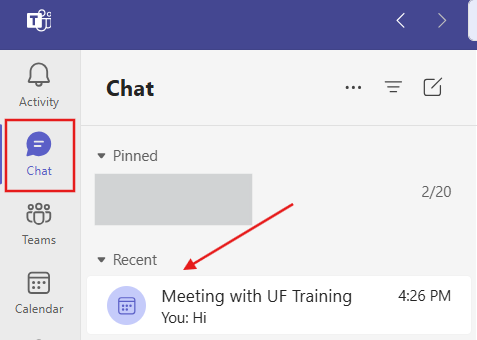 Screenshot of Microsoft Teams interface with a box showing the location of Chat and an arrow indicating where to find the Teams Meeting Chat under Recent.