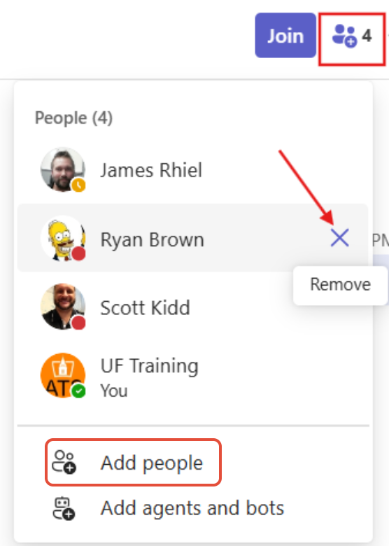 Screen shot of Microsoft Teams interface showing a box around the location of the View and Add Participants icon and an arrow showing the X next to the name of the person to be removed.