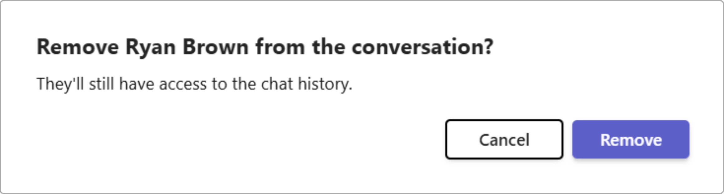 Screen Shot of the Microsoft Teams interface showing the box that pops up when attempting to remove a member from the Chat.