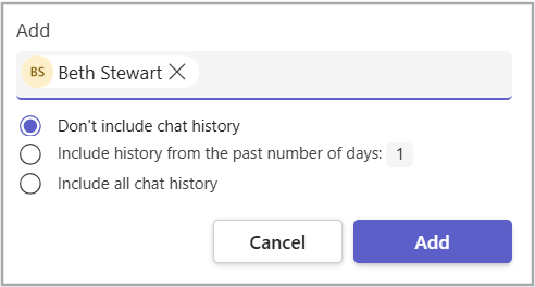 Screen shot of the Microsoft Teams interface showing the options available for including chat history when adding a new member to the Chat.