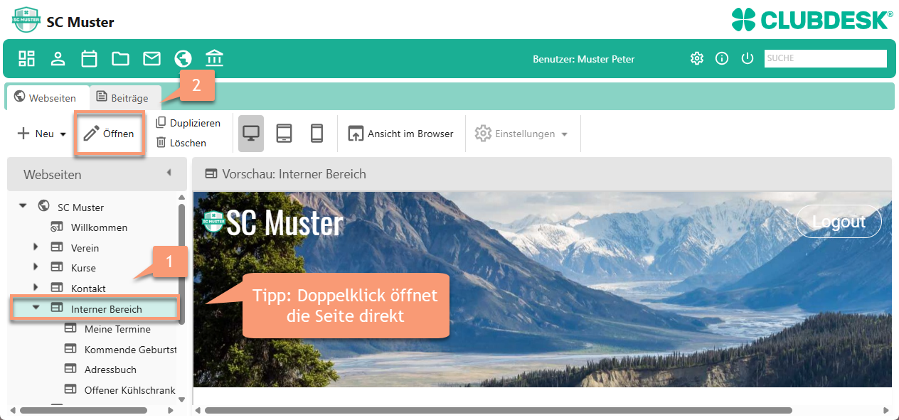 Vorhandene Seite mit Doppelklick oder Stift öffnen
