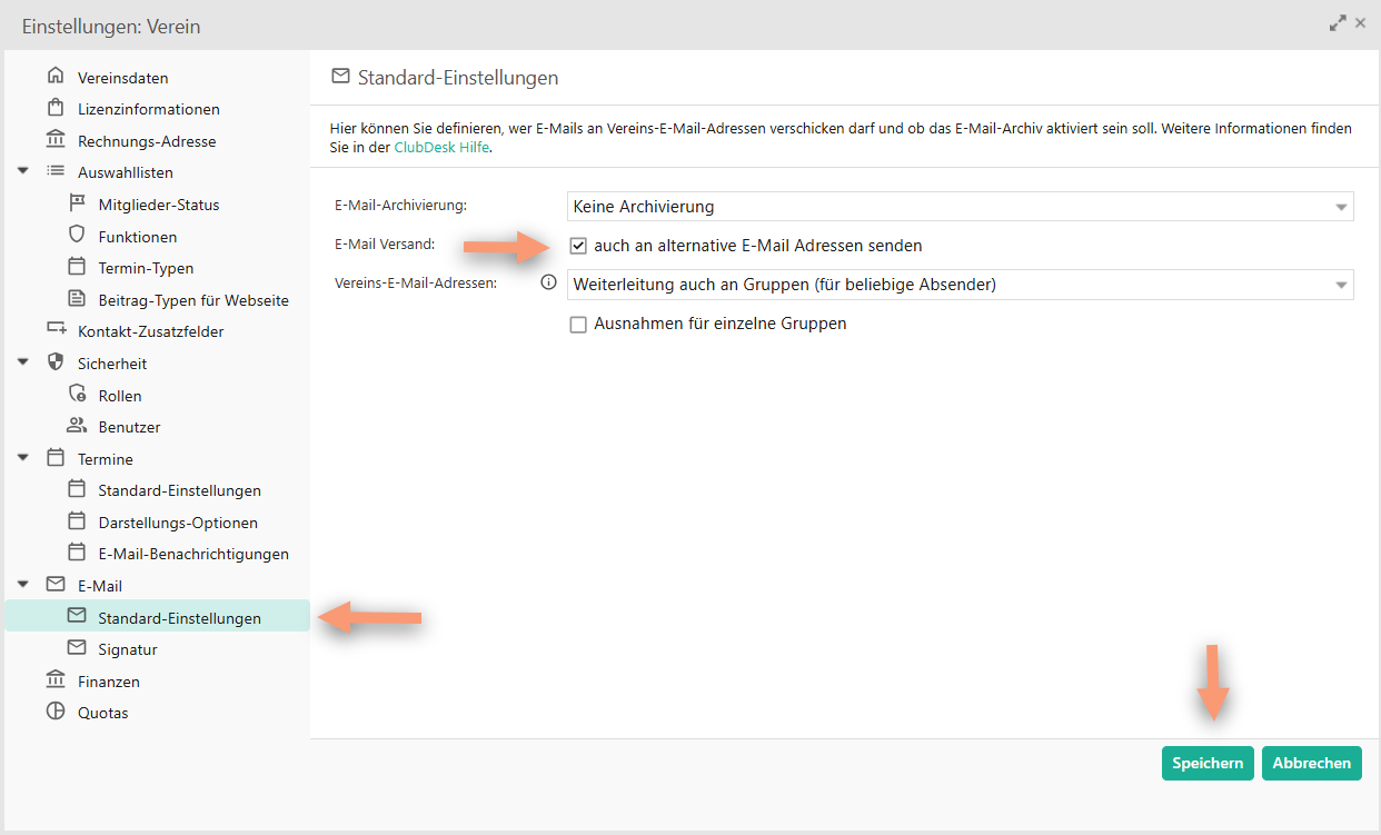 auch an alternative E-Mail Adressen aktivieren