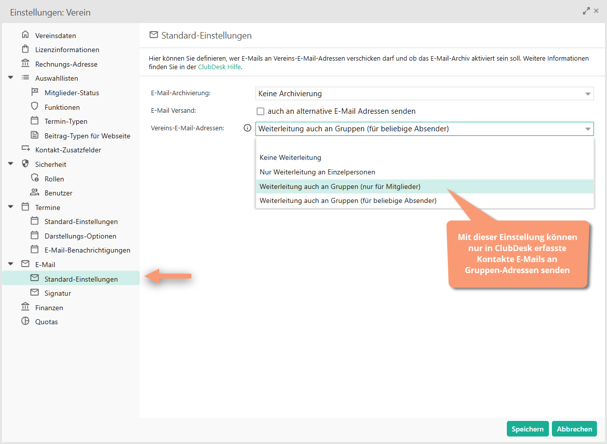 E-Mail Standard-Einstellungen zur Weiterleitung
