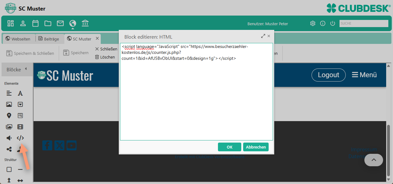 HTML Block editieren und einfachen Besucherzähler einfügen