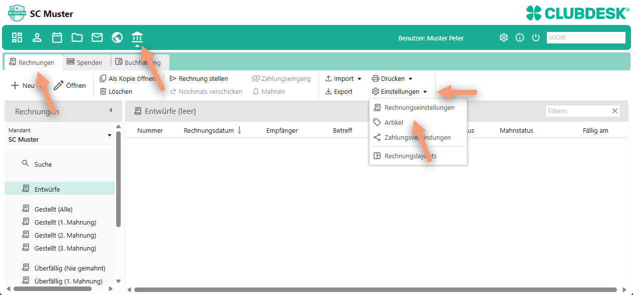 Rechnungseinstellungen öffnen