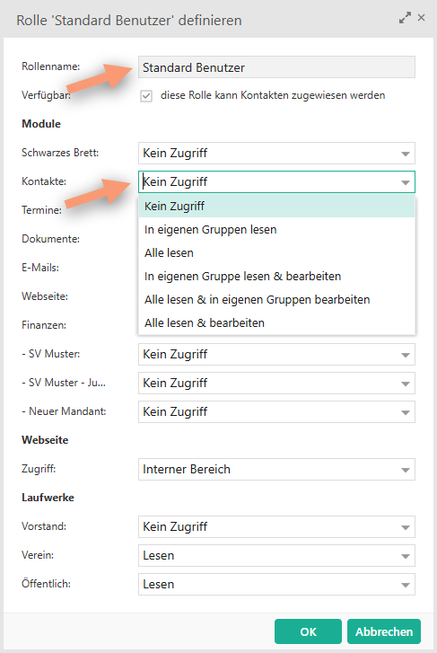 Berechtigungen der Rolle definieren