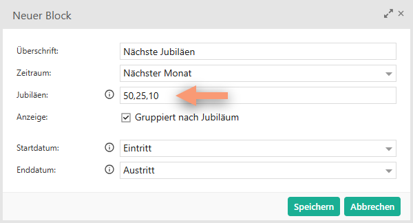 Festlegen, welche Jubiläen angezeigt werden