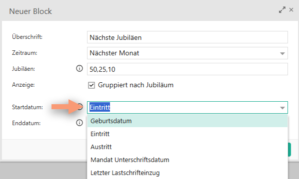 Startdatum für Jubiläum wählen