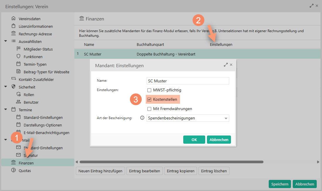 Vereinseinstellungen für Finanzen