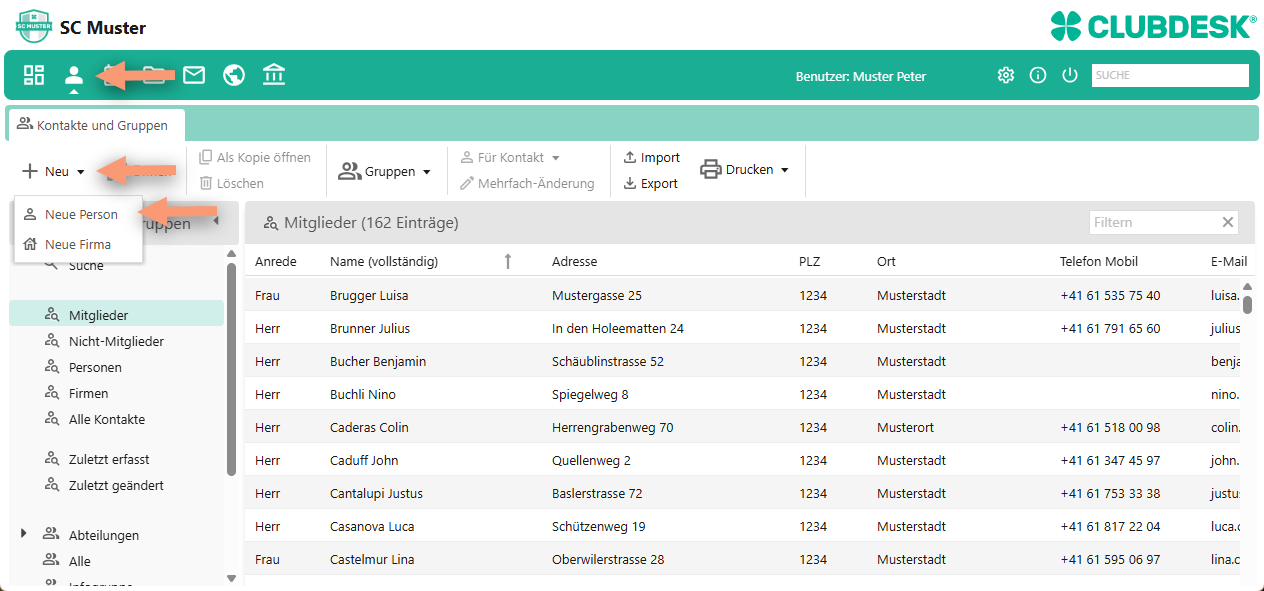 ClubDesk Screenshot: Button ‚Neue Person‘ im Modul ‚Kontakte und Gruppen‘, um weiteren Personen Zugriff auf ClubDesk zu ermöglichen.