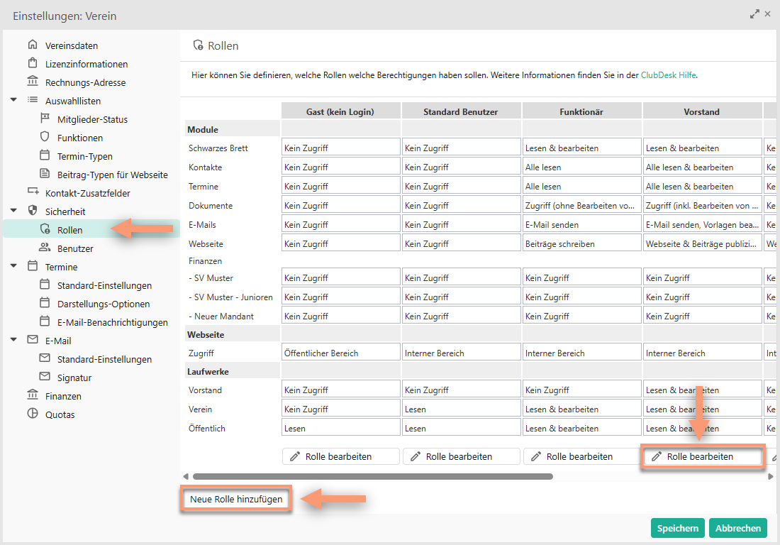 ClubDesk Screenshot: Rollenverwaltung in den Vereins-Einstellungen mit Möglichkeit, Rollen anzulegen oder zu bearbeiten (z. B. für Kassiererin).