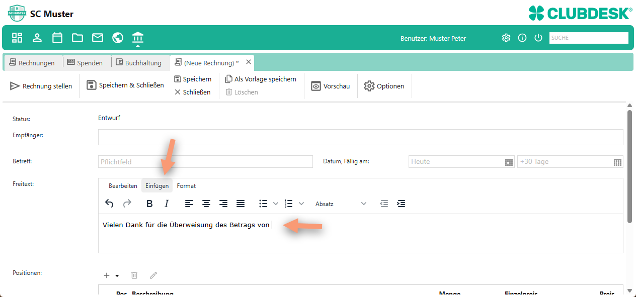 im Freitext Option "Einfügen" wählen