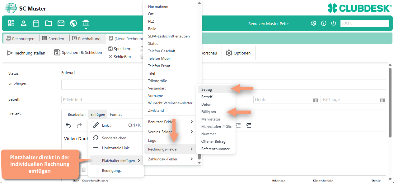 in "Einfügen" Dropdown gewünschten Platzhalter wählen