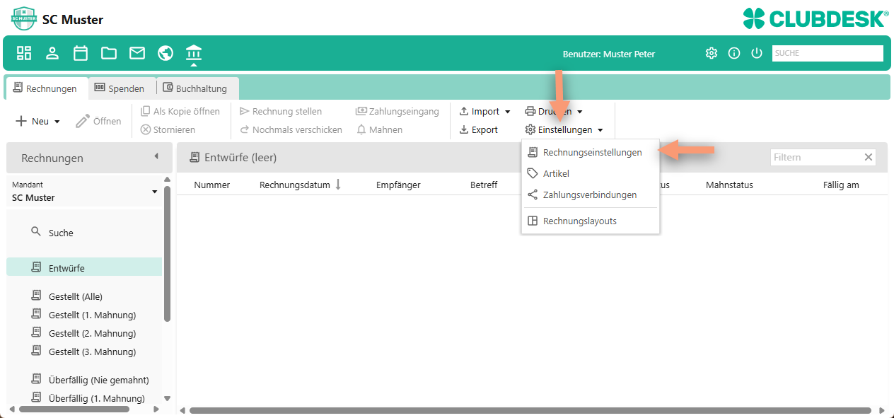 Rechnungseinstellungen öffnen