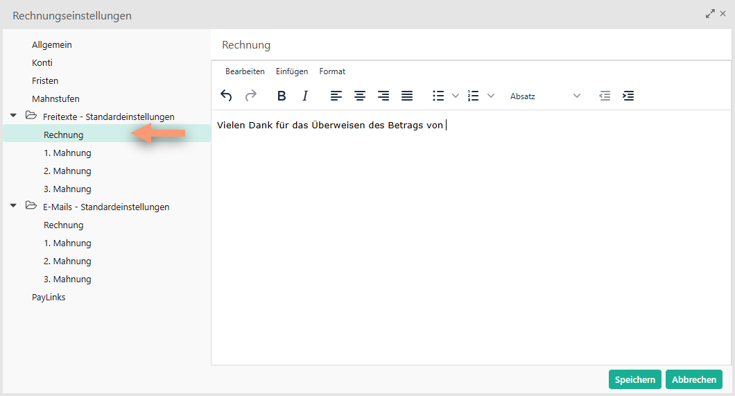 Freitexte Standardeinstellungen anpassen