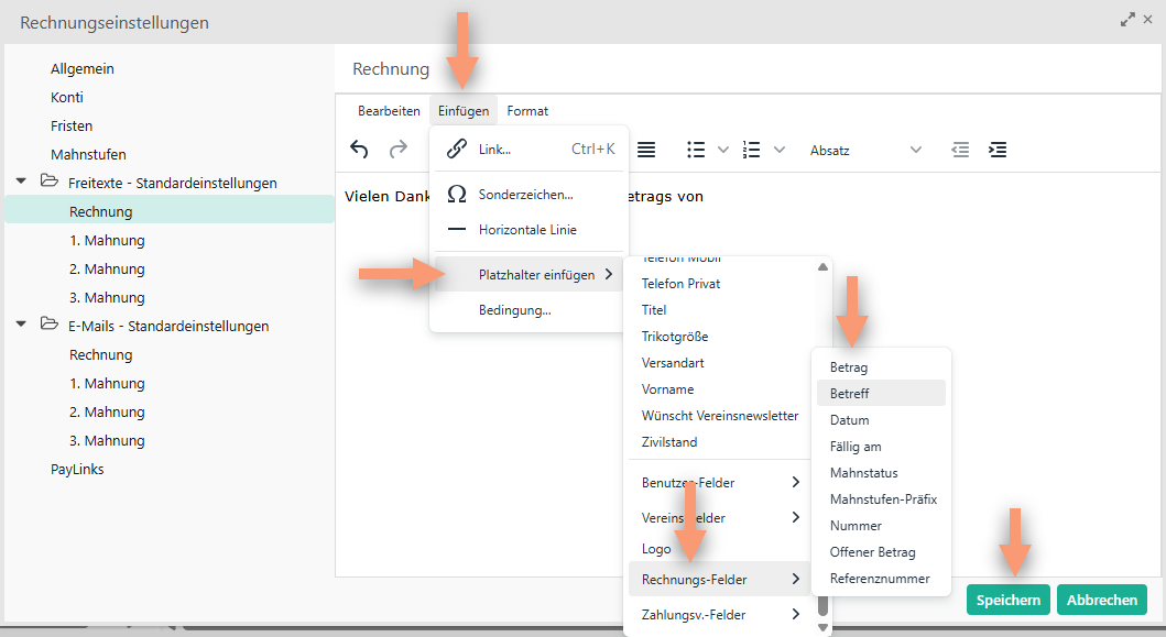 im "Einfügen" Dropdown gewünschten Platzhalter wählen