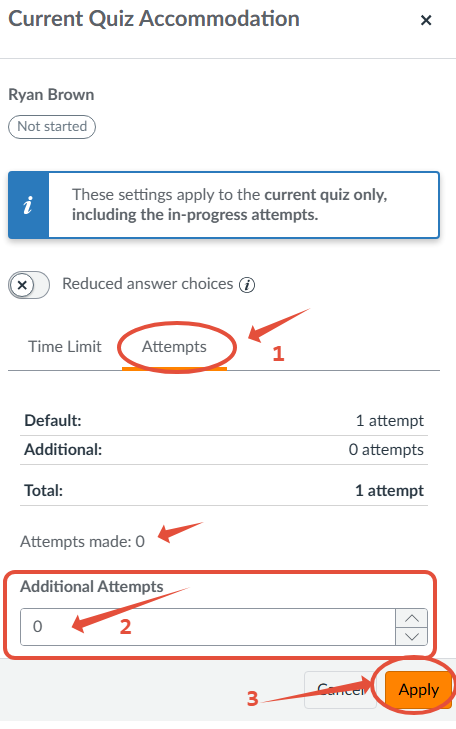 Show the location to add extra attempts for a quiz for a specific student..