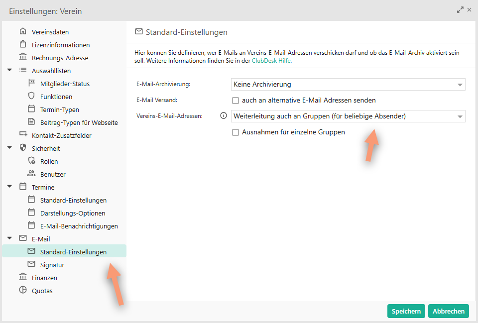 Vereinseinstellungen für E-Mail Weiterleitung